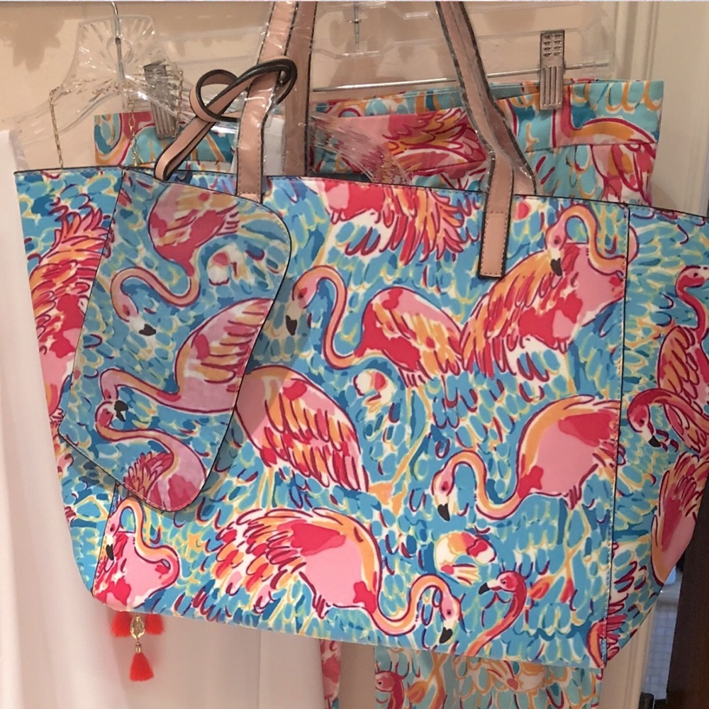 Large Colorful Flamingo Print Tote Bag